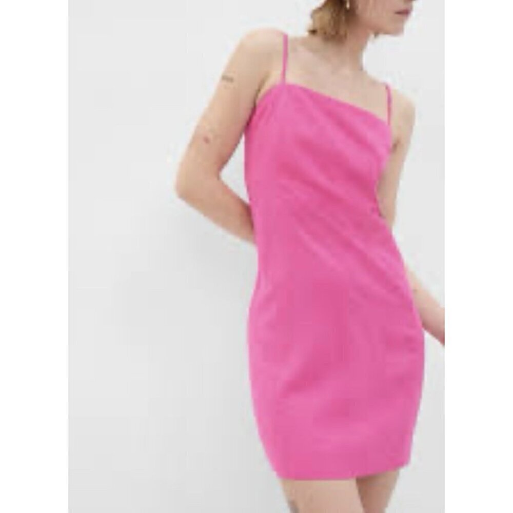 Gap Dress Womens XL Bright Pink Linen Blend Mini Square Neck Strappy Barbie